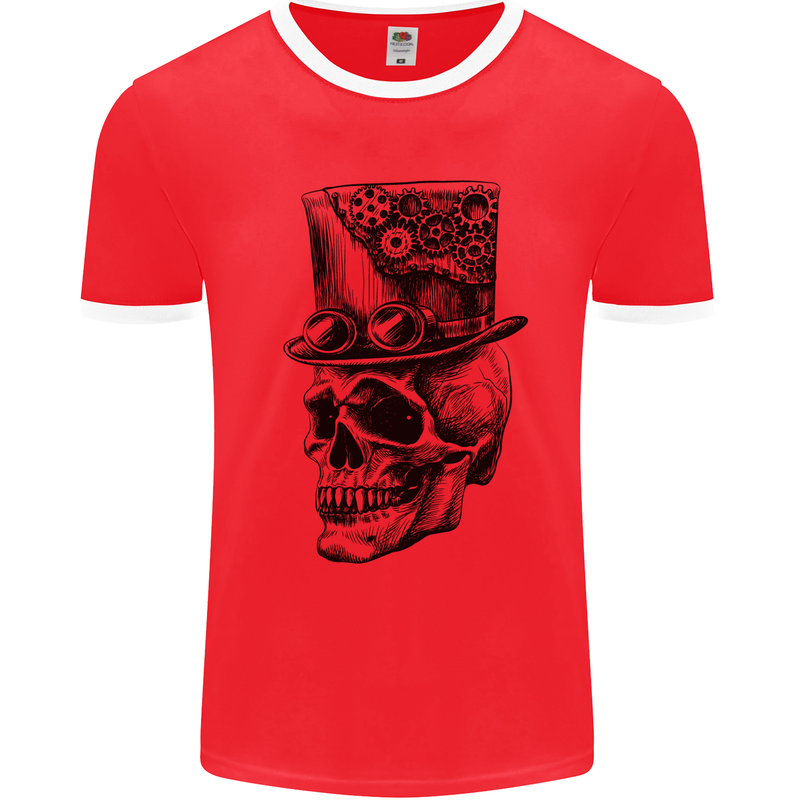 Steampunk Skull With Top Hat Mens White Ringer T-Shirt Red/White