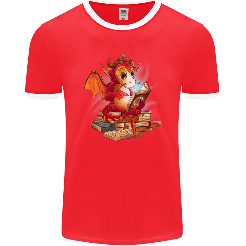 A Book Reading Dragon Bookworm Fantasy Mens Ringer T-Shirt FotL Red/White