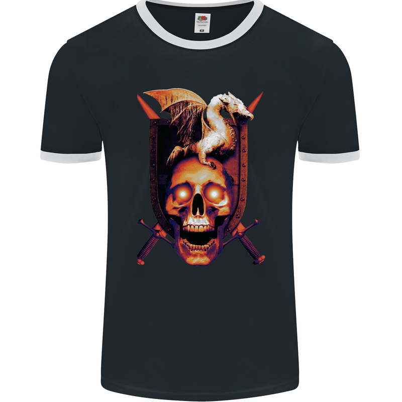 A Dragon on a Skull Swords Fantasy Demon Mens Ringer T-Shirt FotL Black/White