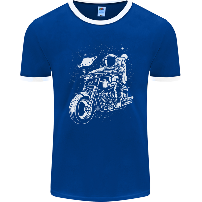 Space Biker Astronaut on a Motorcycle Space Mens Ringer T-Shirt FotL Royal Blue/White