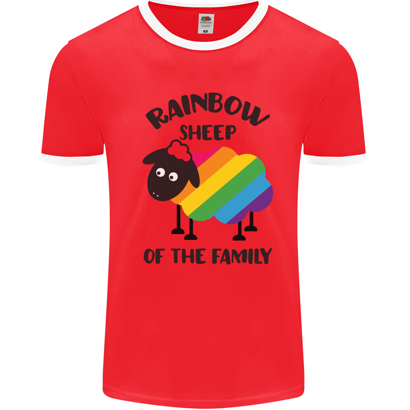 Rainbow Sheep Funny Gay Pride Day LGBT Mens White Ringer T-Shirt Red/White