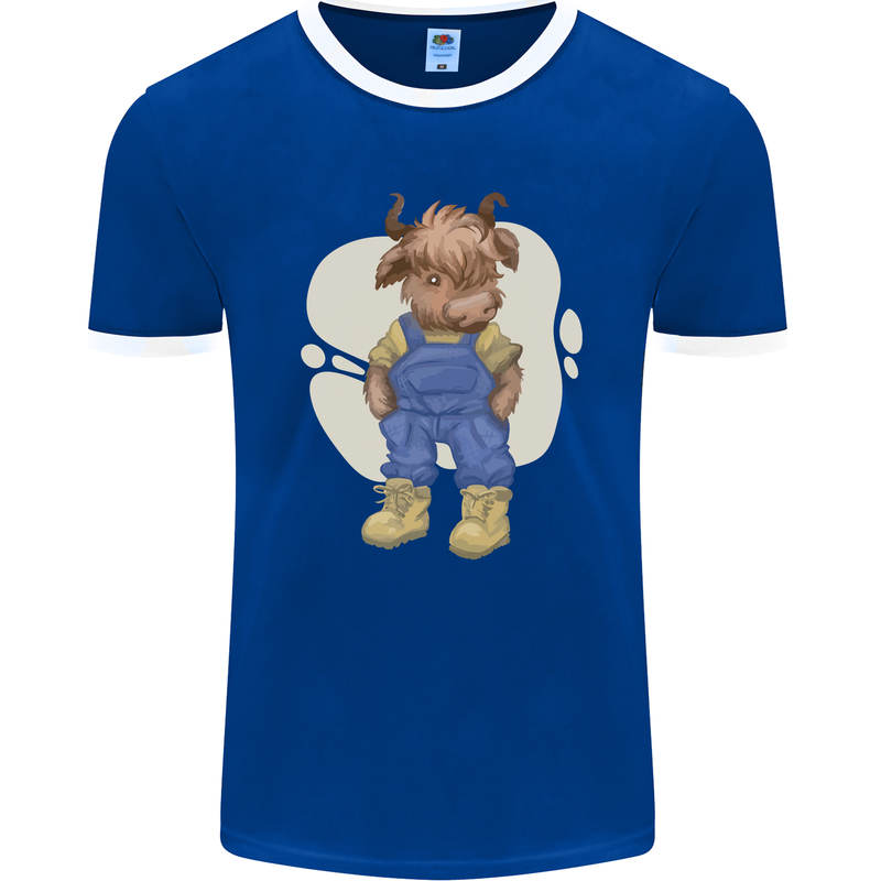 An Infant Highland Cow Cattle Bull Mens Ringer T-Shirt FotL Royal Blue/White