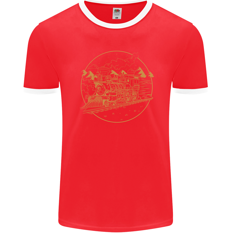 Gold Locomotive Steam Engine Train Spotter Mens Ringer T-Shirt FotL Red/White