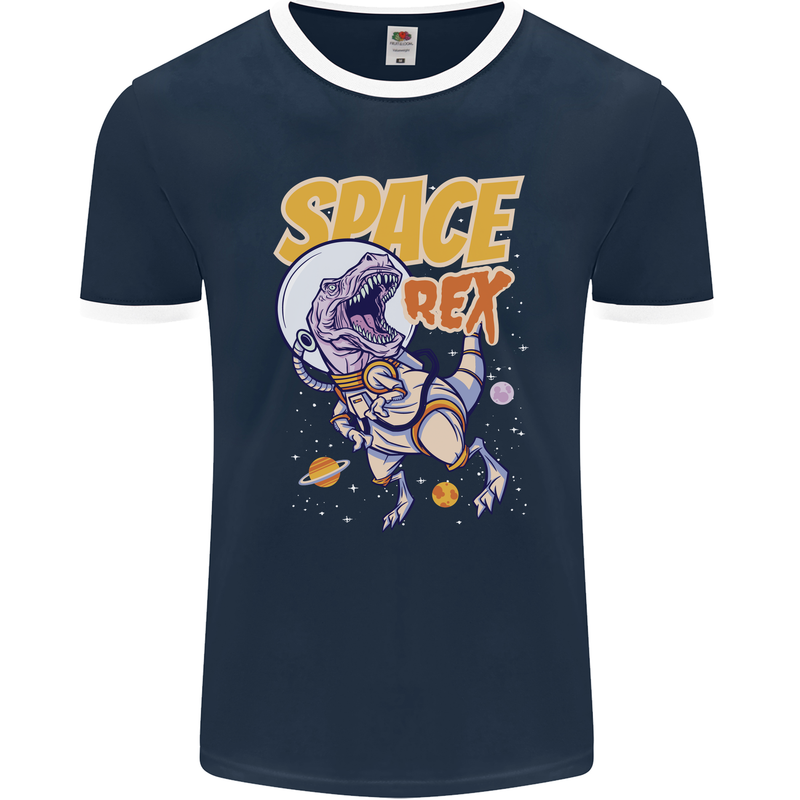 Space T-Rex Dinosaur Dino Astronaut Mens Ringer T-Shirt FotL Navy Blue/White