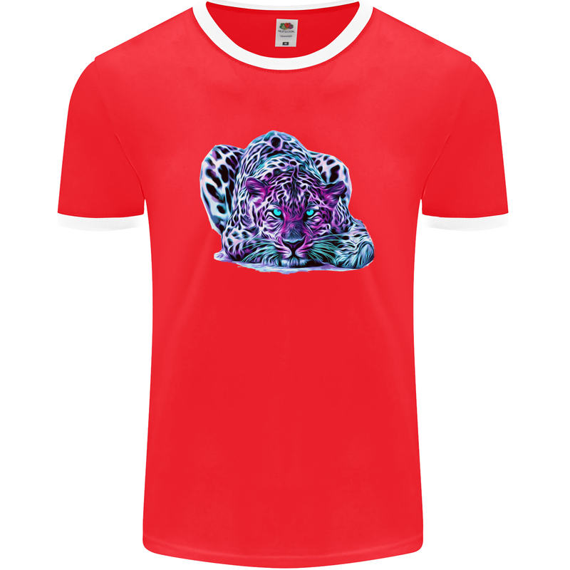 Cololurful Leopard Wild Cat Panther Mens White Ringer T-Shirt Red/White