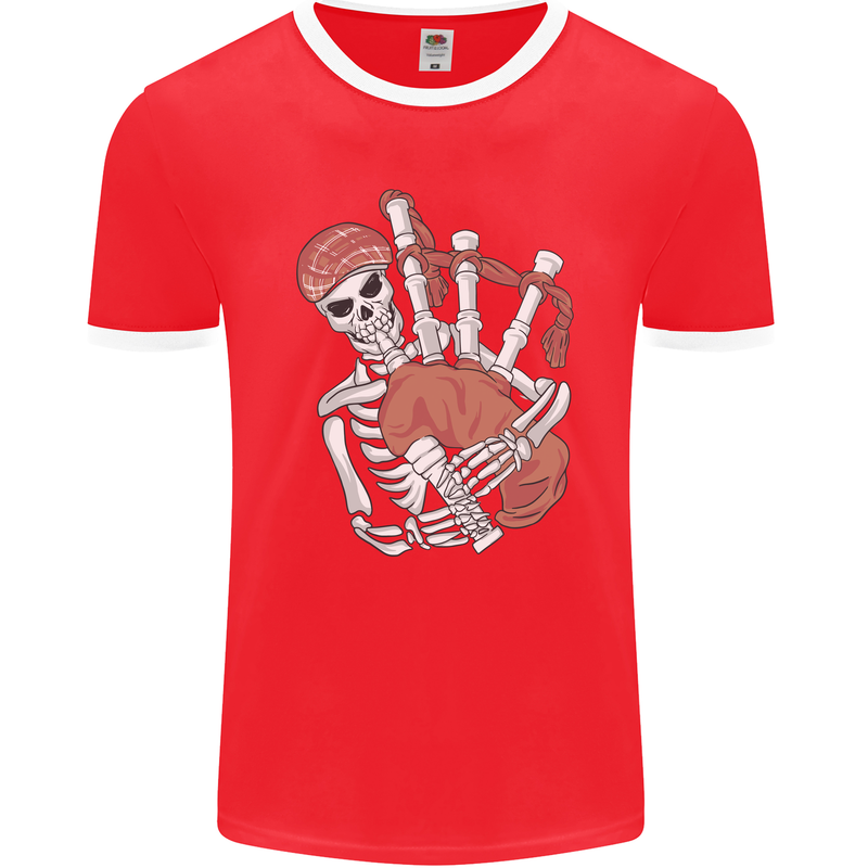 A Skeleton Playing the Bagpipes Mens Ringer T-Shirt FotL Red/White