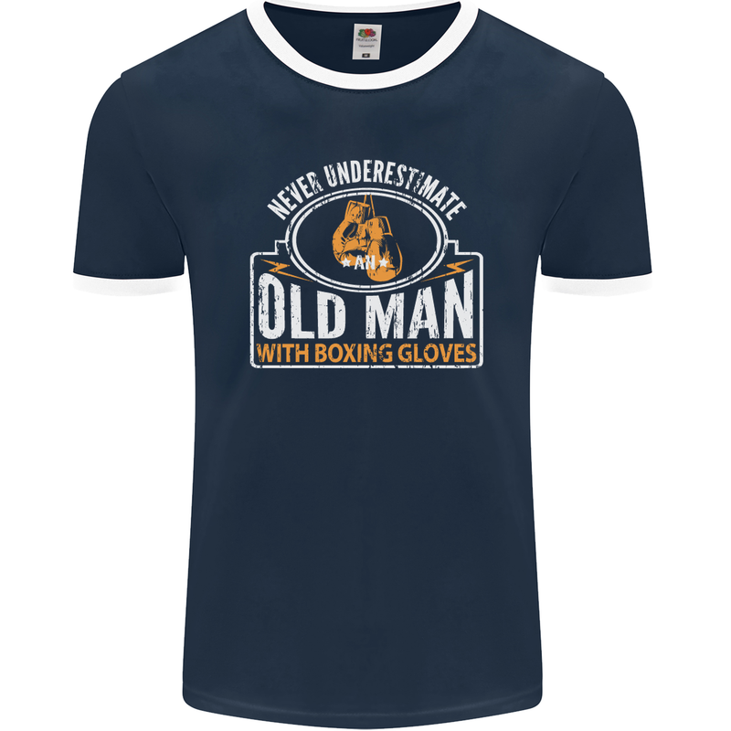 An Old Man With Boxing Gloves Funny Boxer Mens Ringer T-Shirt FotL Navy Blue/White