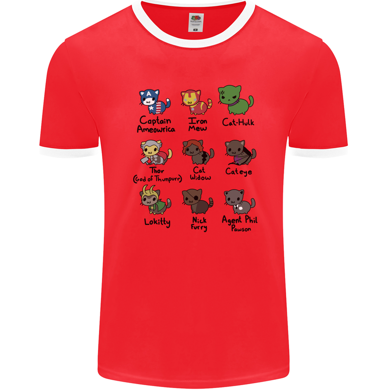 Funny Cat Superheroes Mens Ringer T-Shirt FotL Red/White