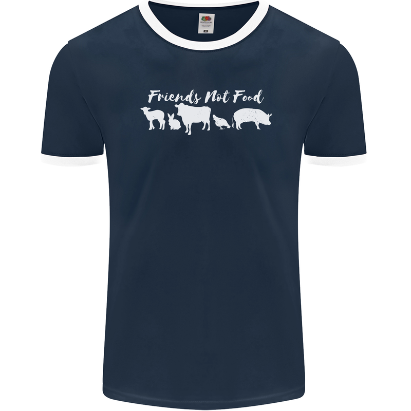 Vegan Animals Are Friends Not Food Mens Ringer T-Shirt FotL Navy Blue/White