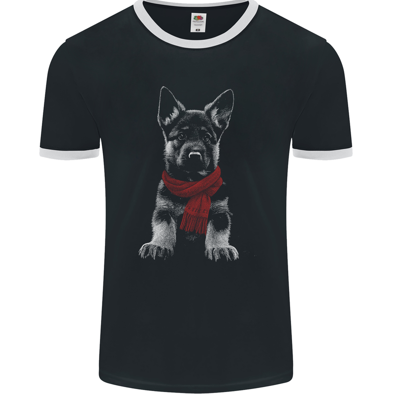 German Shepherd Puppy in a Scarf Mens Ringer T-Shirt FotL Black/White