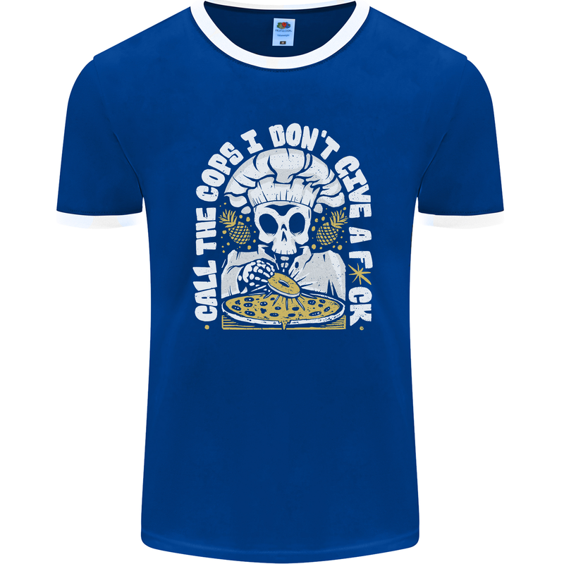 Offensive Pizza Eating Skull Chef Mens Ringer T-Shirt FotL Royal Blue/White