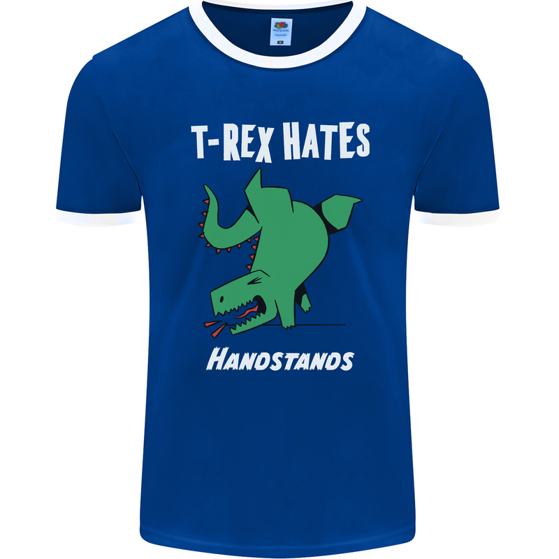 T-Rex Hates Handstands Gymnastics Dinosaur Mens Ringer T-Shirt FotL Royal Blue/White