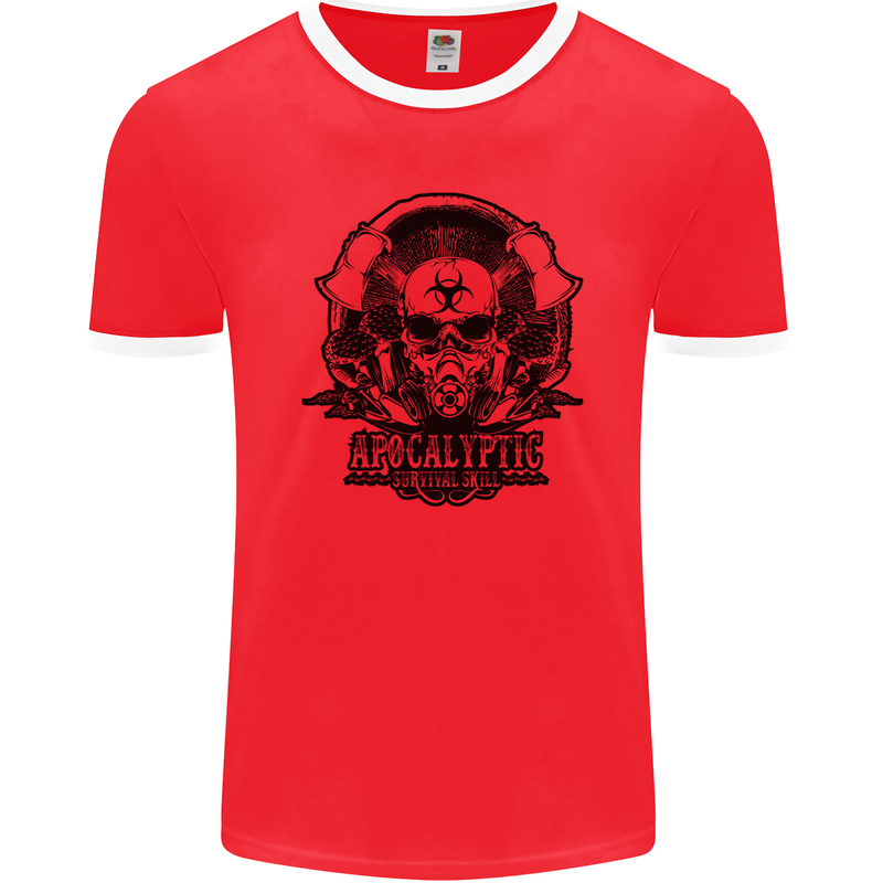 Apocalyptic Survival Skull Gamer Gaming Mens Ringer T-Shirt FotL Red/White