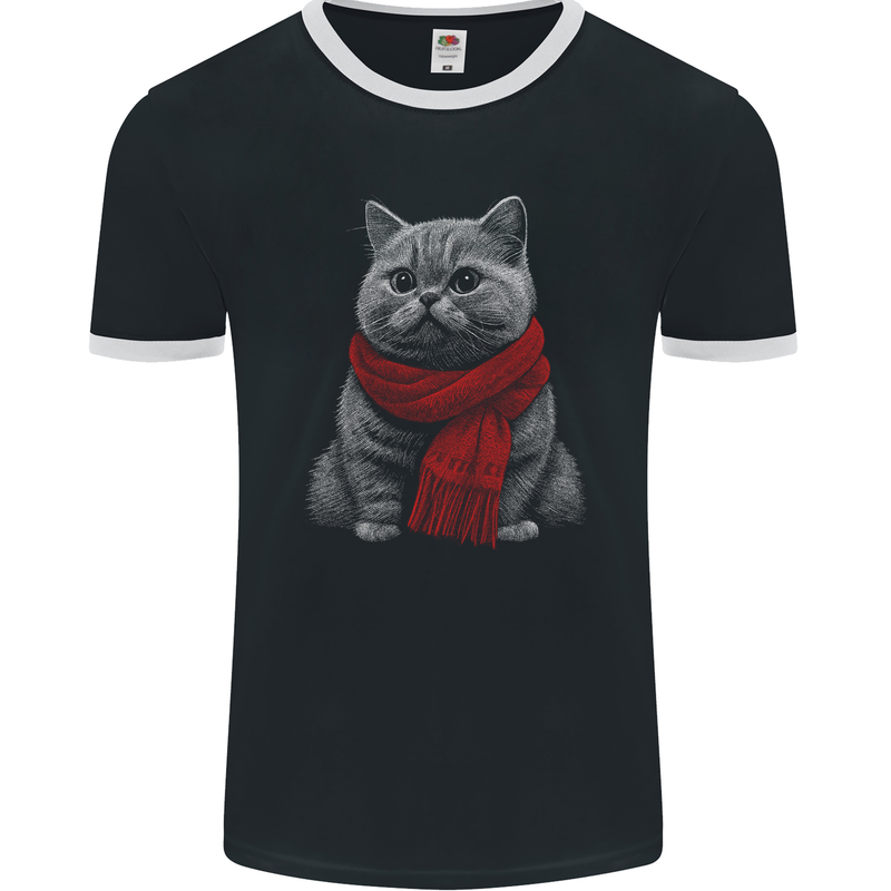 A Winter Cat in a Scarf Mens Ringer T-Shirt FotL Black/White