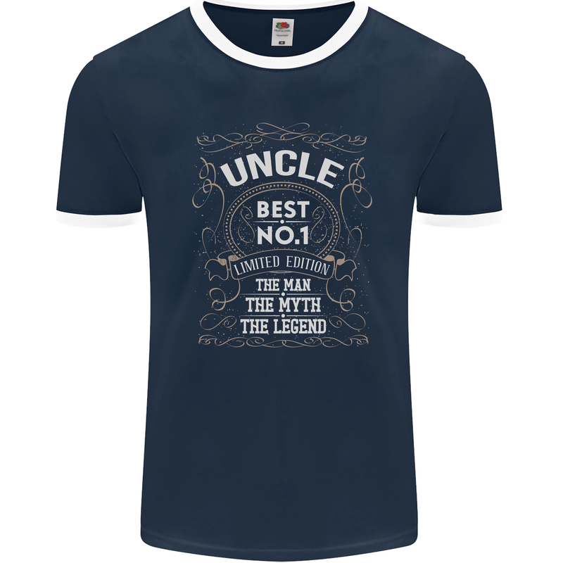 Father's Day No 1 Uncle Man Myth Legend Mens Ringer T-Shirt FotL Navy Blue/White