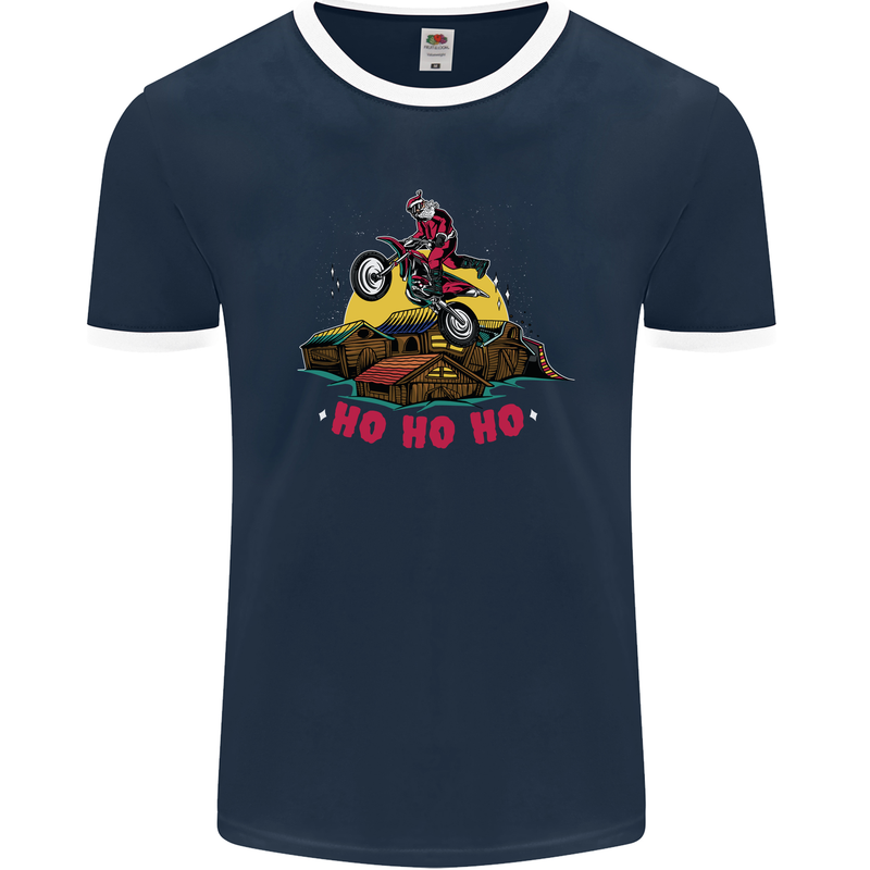 Christmas Santa Motocross Dirt Bike Mens Ringer T-Shirt FotL Navy Blue/White