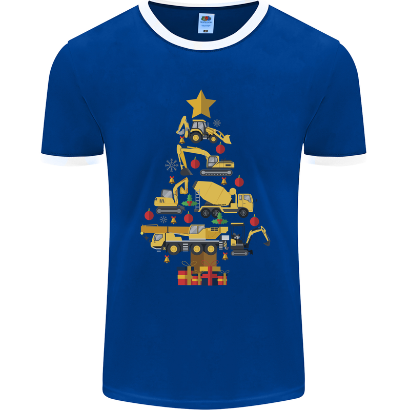 Construction Christmas Tree Digger Lorry Crane Mens Ringer T-Shirt FotL Royal Blue/White