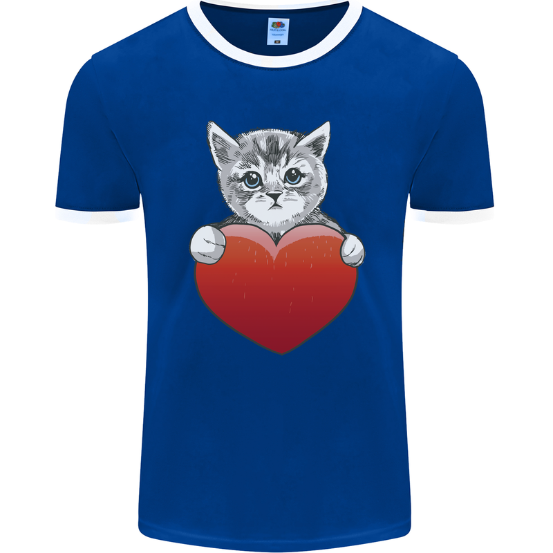 A Cute Cat With a Heart Love Valentines Day Mens Ringer T-Shirt FotL Royal Blue/White