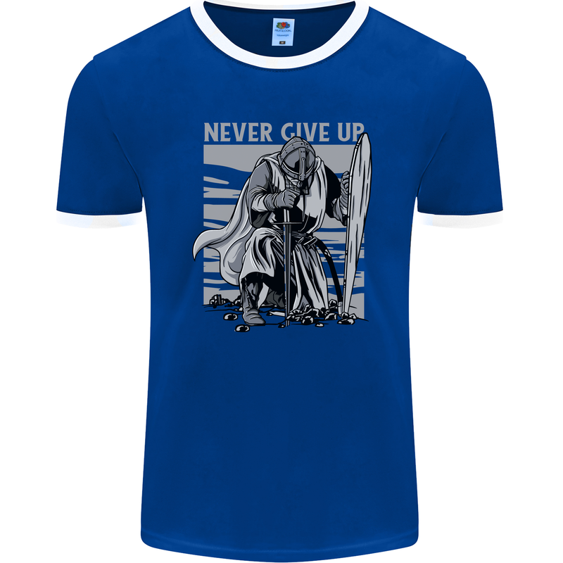 Teutonic Knight Never Give Up Crusader Gym Mens Ringer T-Shirt FotL Royal Blue/White