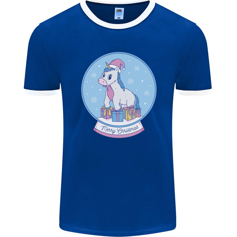 Christmas Unicorn Snow Globe Mens Ringer T-Shirt FotL Royal Blue/White