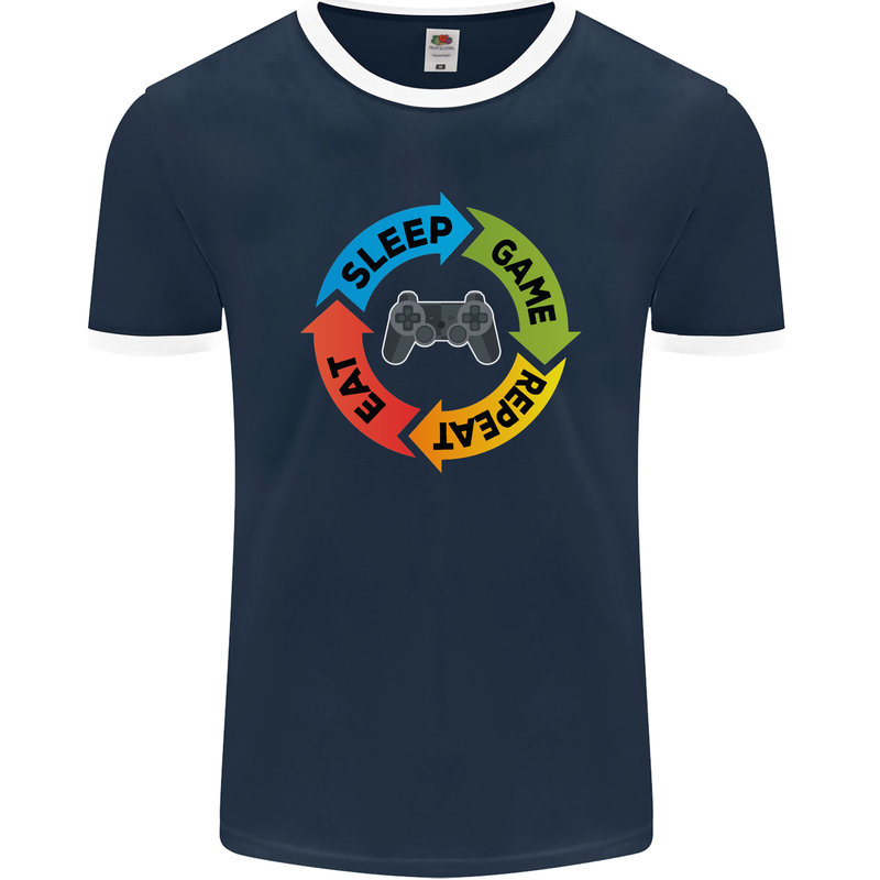 Gamming Eat Sleep Game Repeat Gamer Mens Ringer T-Shirt FotL Navy Blue/White