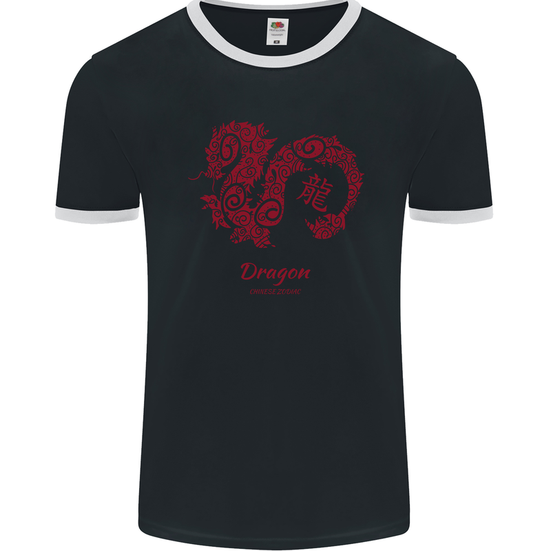 Chinese Zodiac Shengxiao Year of the Dragon Mens Ringer T-Shirt FotL Black/White