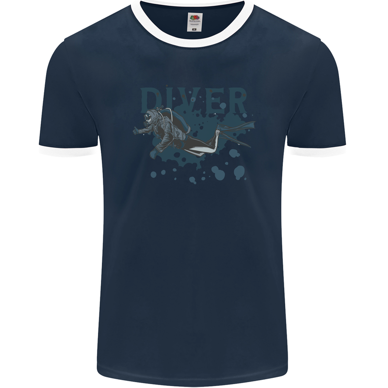 Scuba Diving Diver Mens Ringer T-Shirt FotL Navy Blue/White