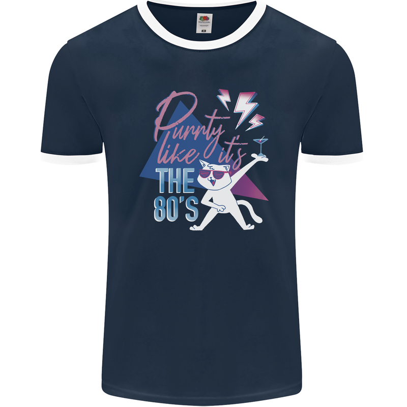 Funny Cat Purrty Like It's the 80's Mens Ringer T-Shirt FotL Navy Blue/White