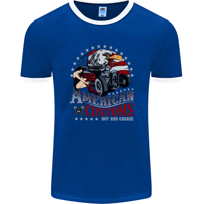 American Customs Hot Rod Garage USA Mens Ringer T-Shirt FotL Royal Blue/White