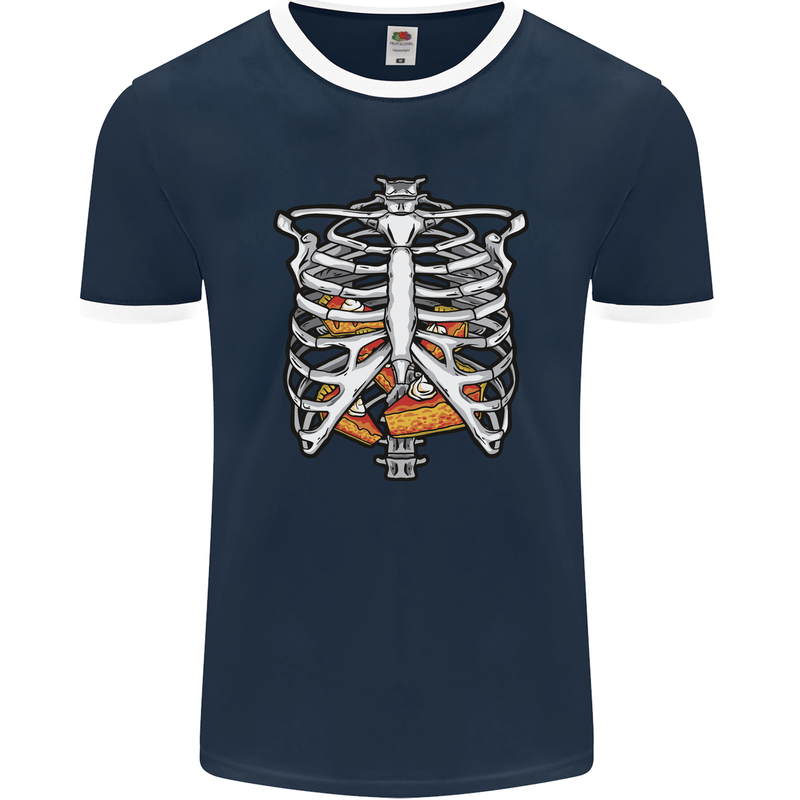 Pie Inside a Skeleton Torso Funny Food Mens Ringer T-Shirt FotL Navy Blue/White