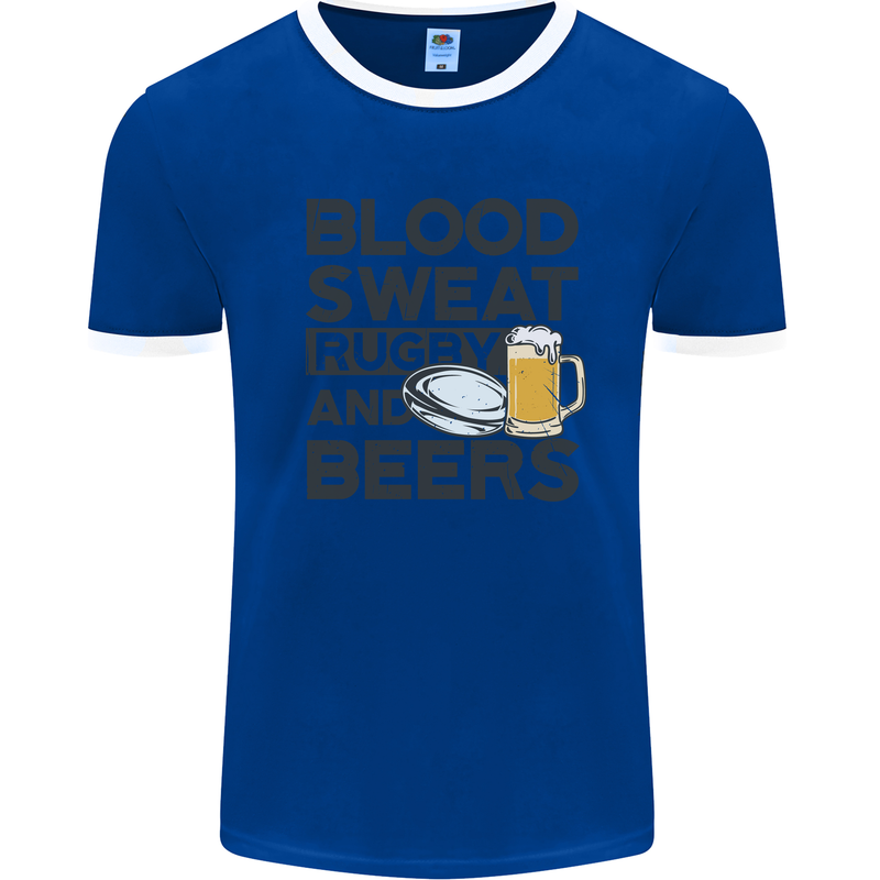 Blood Sweat Rugby and Beers Funny Mens White Ringer T-Shirt Royal Blue/White