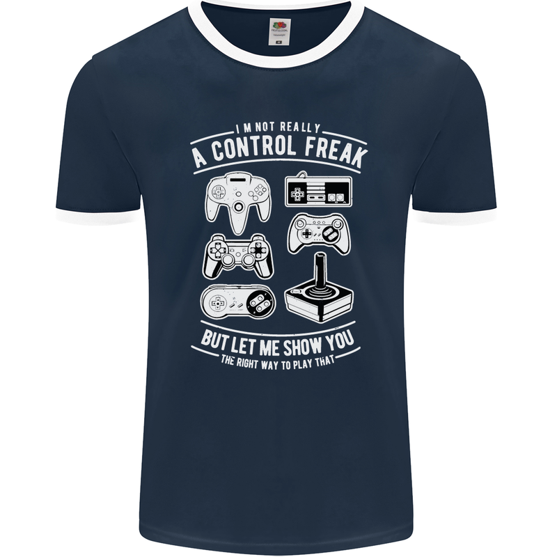 Control Freak Funny Gaming Gamer Mens Ringer T-Shirt FotL Navy Blue/White