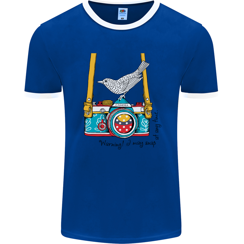 Camera With a Bird Photographer Photography Mens Ringer T-Shirt FotL Royal Blue/White