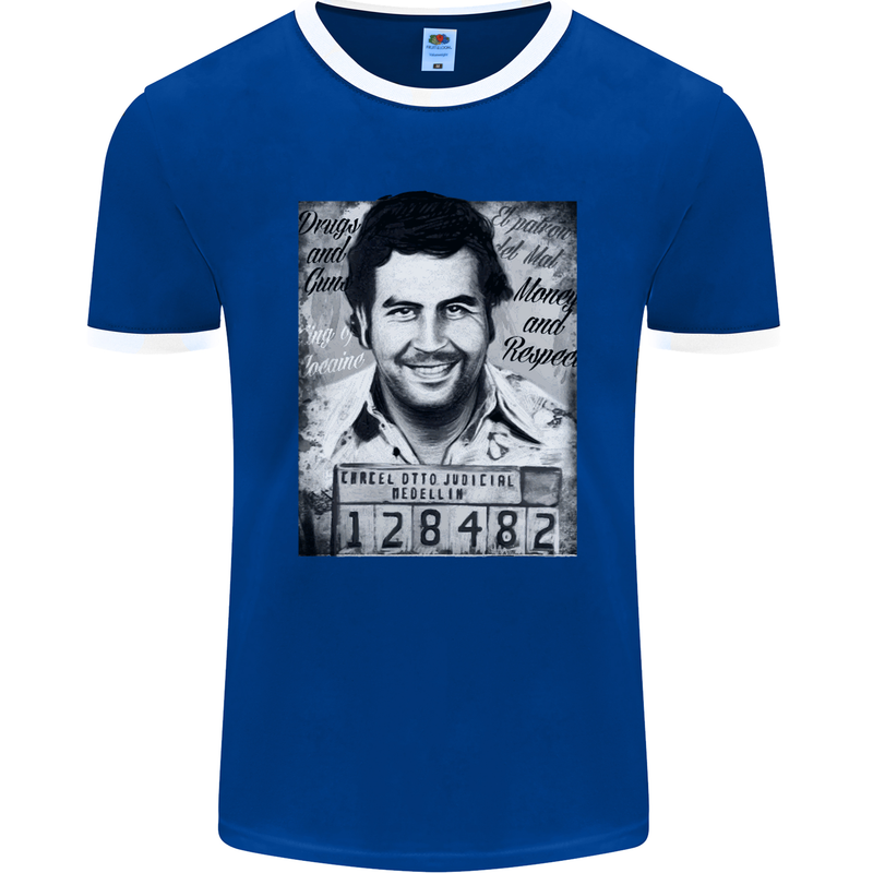 Pablo Escobar Mug Shot Mens Ringer T-Shirt FotL Royal Blue/White
