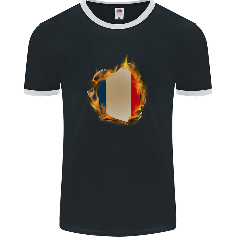 The French Tricolour Flag Fire France Mens Ringer T-Shirt FotL Black/White