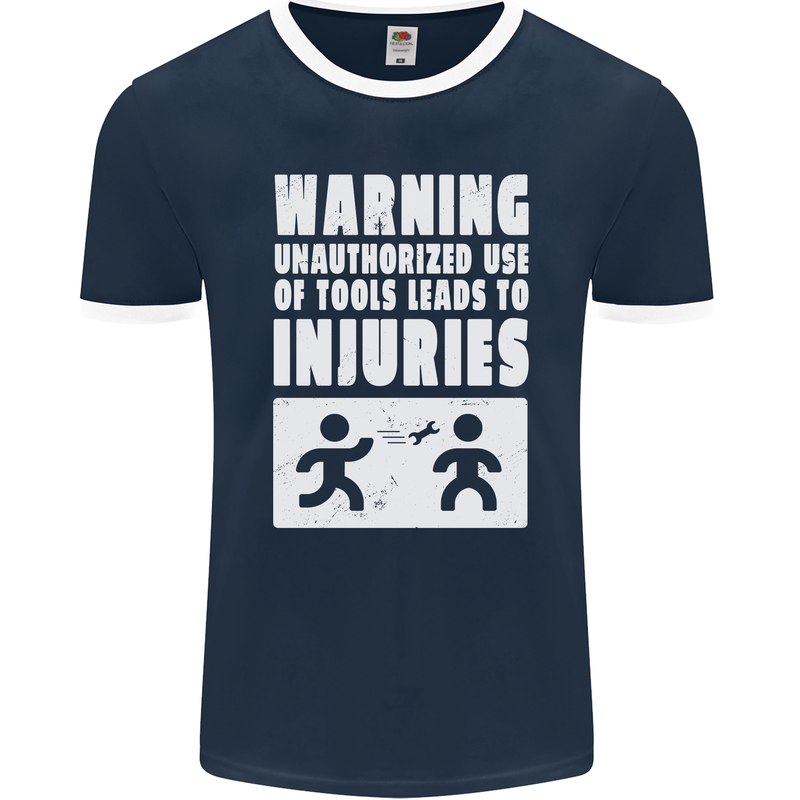 Warning Tools Builder Plumber Electrician Mens Ringer T-Shirt FotL Navy Blue/White