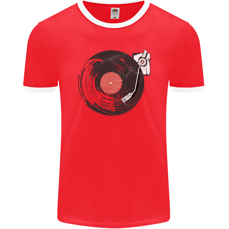 Distressed Vinyl Turntable DJ DJing Mens Ringer T-Shirt FotL Red/White