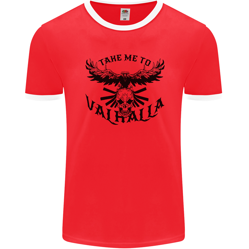 Take Me To Valhalla Viking Skull Odin Thor Mens Ringer T-Shirt FotL Red/White