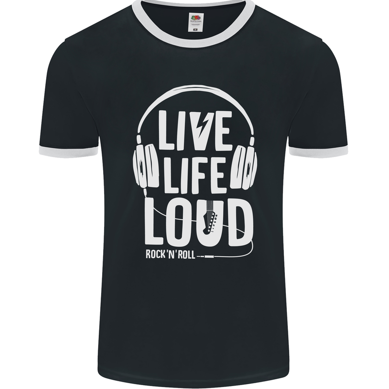 Music Live Life Loud Rock n Roll Guitar Mens Ringer T-Shirt FotL Black/White