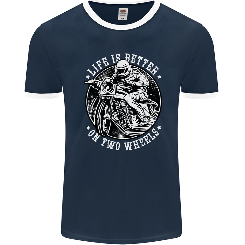 Life Is Better On Two Wheels Mens Ringer T-Shirt FotL Navy Blue/White