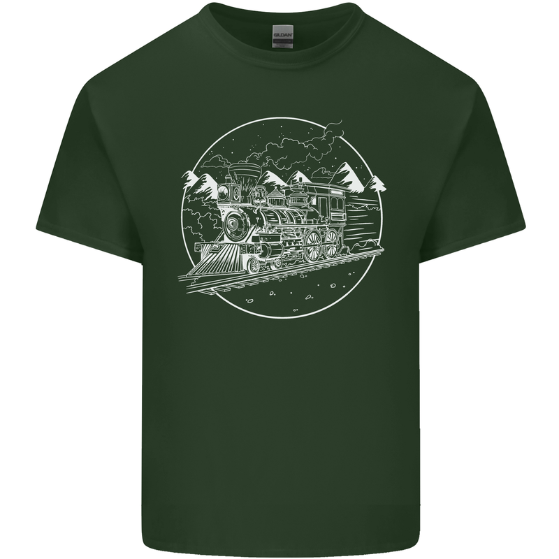 White Locomotive Steam Engine Train Spotter Mens Cotton T-Shirt Tee Top Forest Green