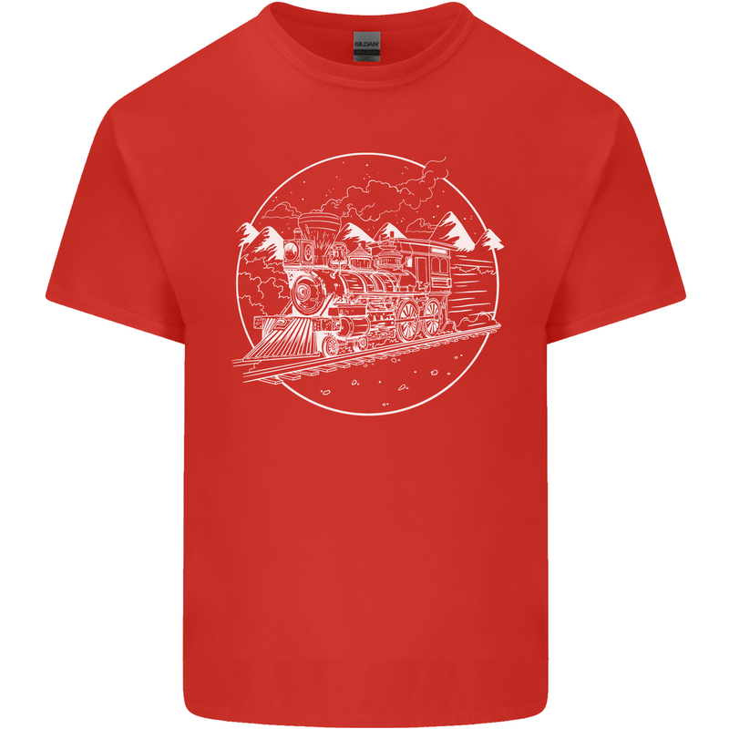 White Locomotive Steam Engine Train Spotter Mens Cotton T-Shirt Tee Top Red