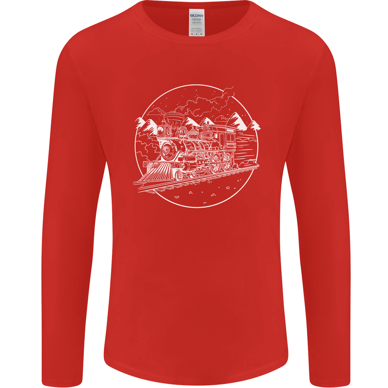 White Locomotive Steam Engine Train Spotter Mens Long Sleeve T-Shirt Red