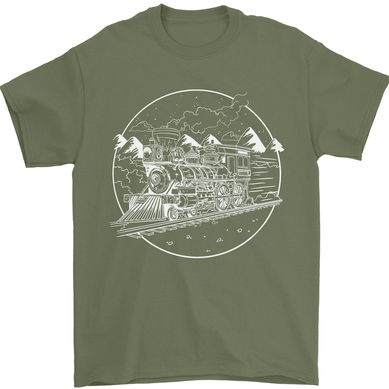 White Locomotive Steam Engine Train Spotter Mens T-Shirt 100% Cotton Military Green