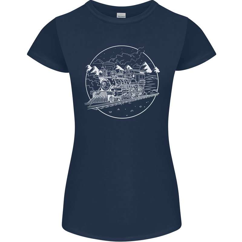 White Locomotive Steam Engine Train Spotter Womens Petite Cut T-Shirt Navy Blue