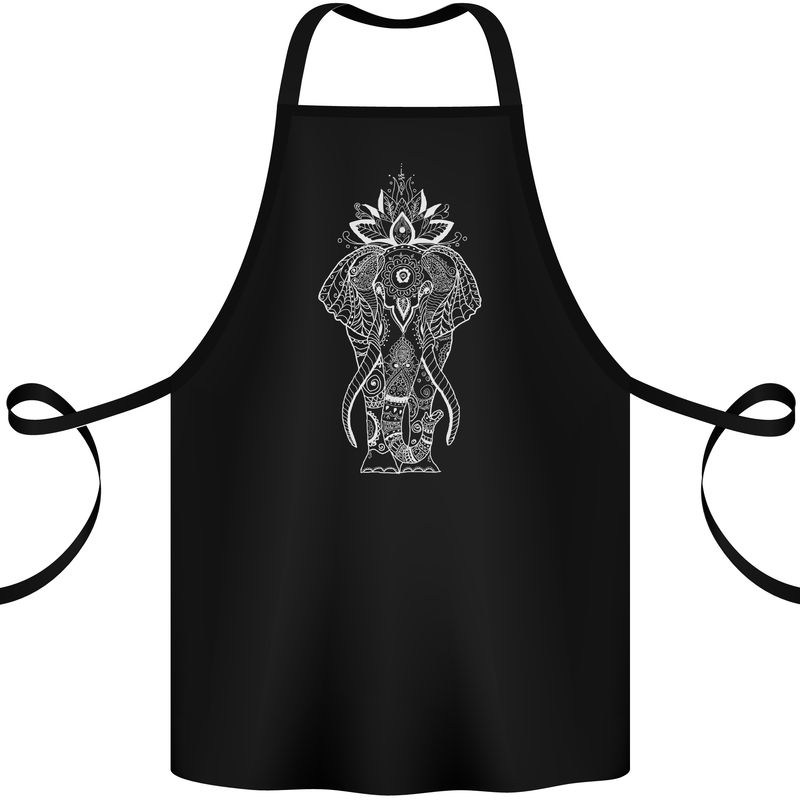 White Mandala Art Elephant Cotton Apron 100% Organic Black