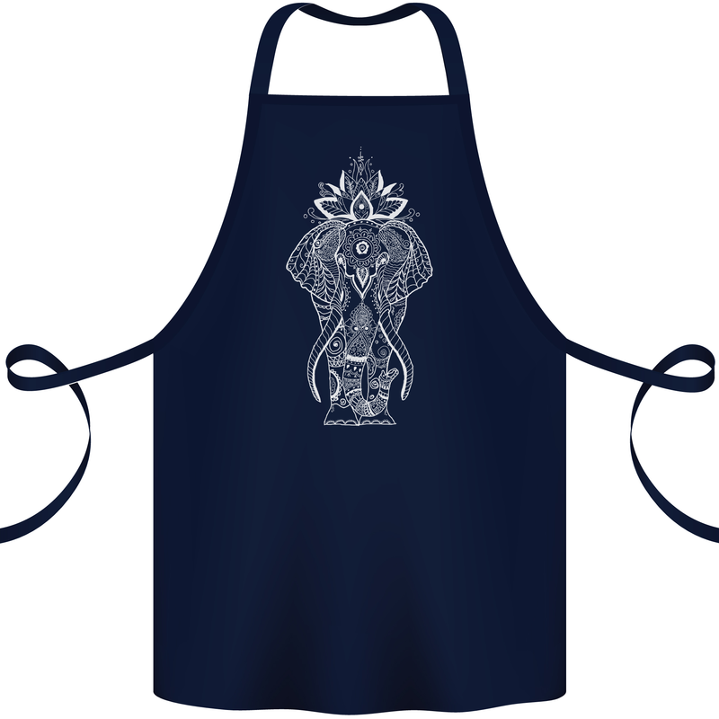 White Mandala Art Elephant Cotton Apron 100% Organic Navy Blue