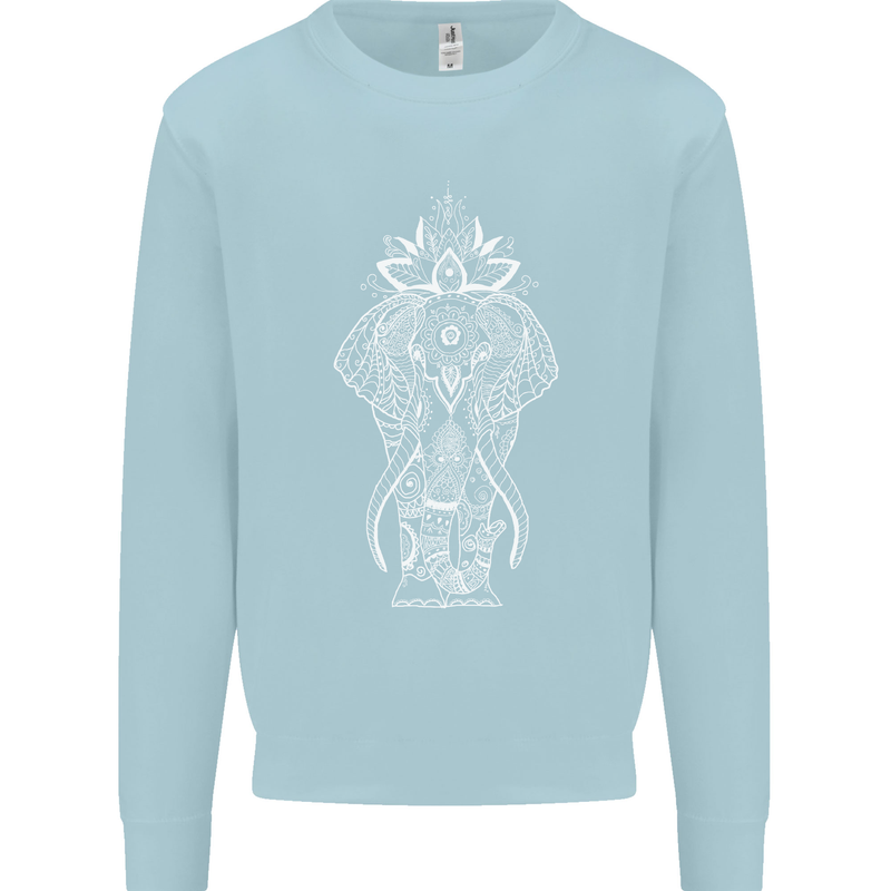 White Mandala Art Elephant Kids Sweatshirt Jumper Light Blue
