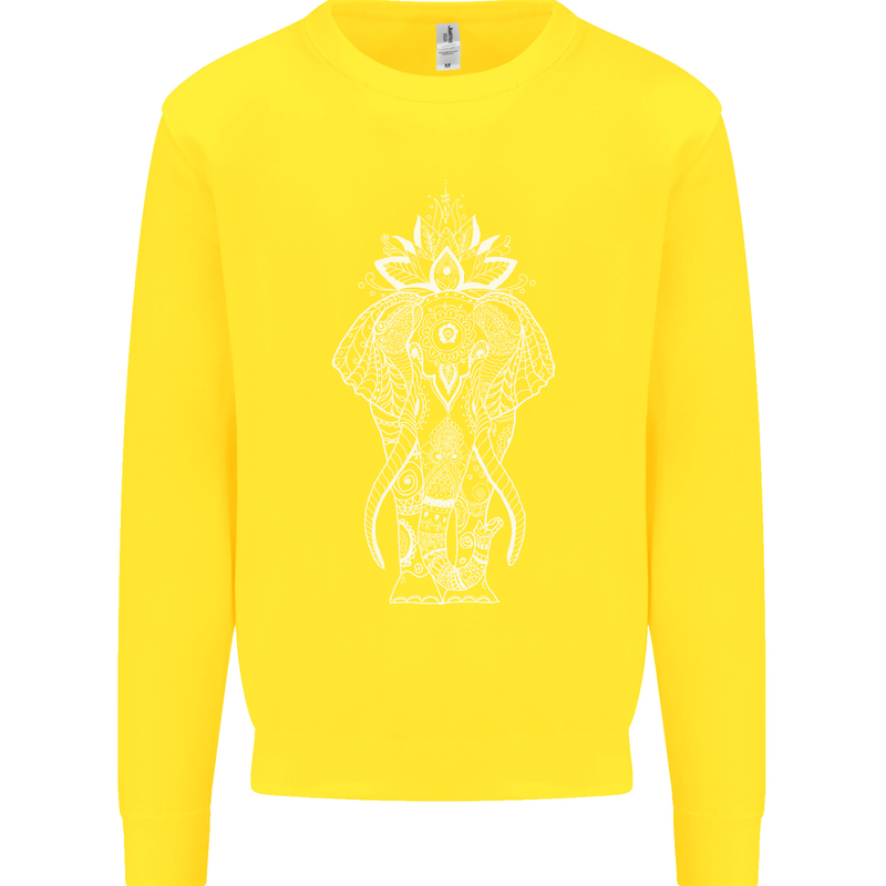 White Mandala Art Elephant Kids Sweatshirt Jumper Yellow