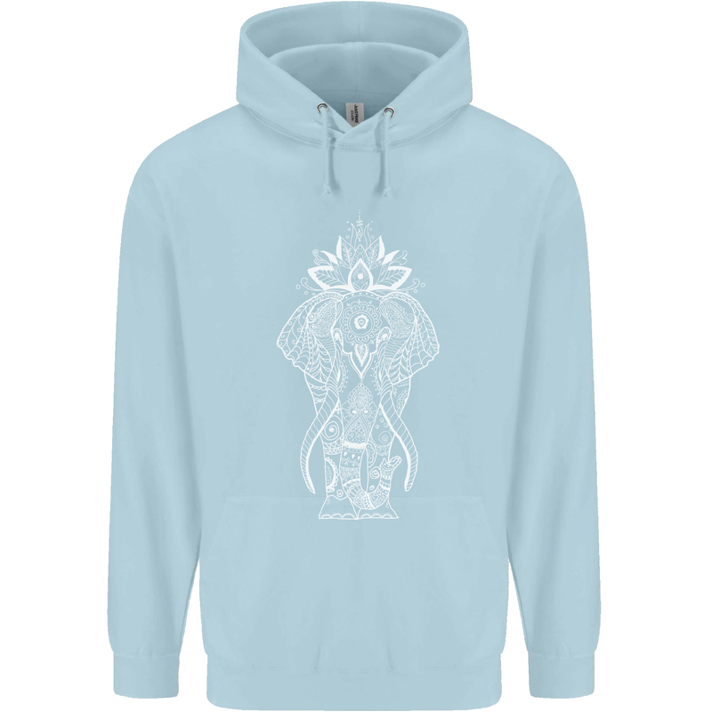 White Mandala Art Elephant Mens 80% Cotton Hoodie Light Blue